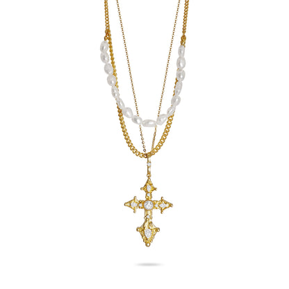 Celestial Gold Pearl Cross Necklace