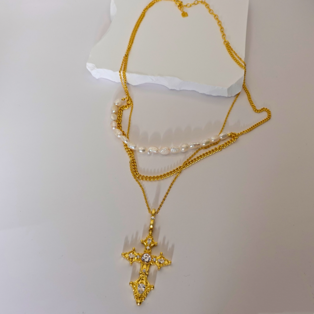 Celestial Gold Pearl Cross Necklace