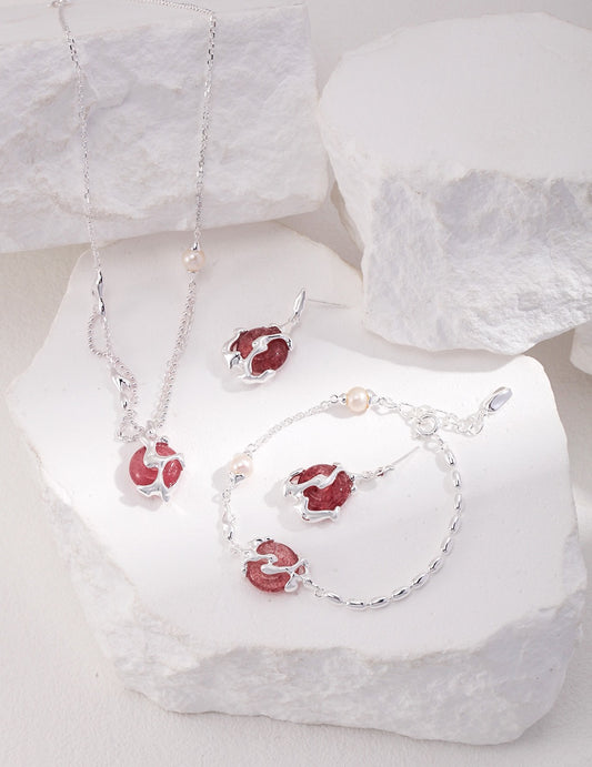 Strawberry Quartz Earrings & Necklace & Bracelet 5-Piece Set